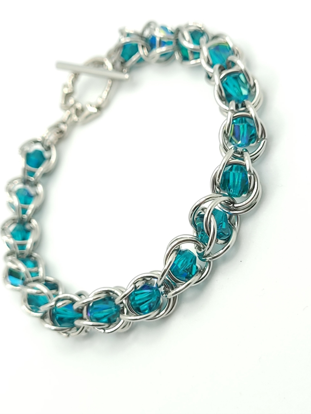 Stainless Steel Chainmaille Bracelet with Teal Preciosa Crystal Beads